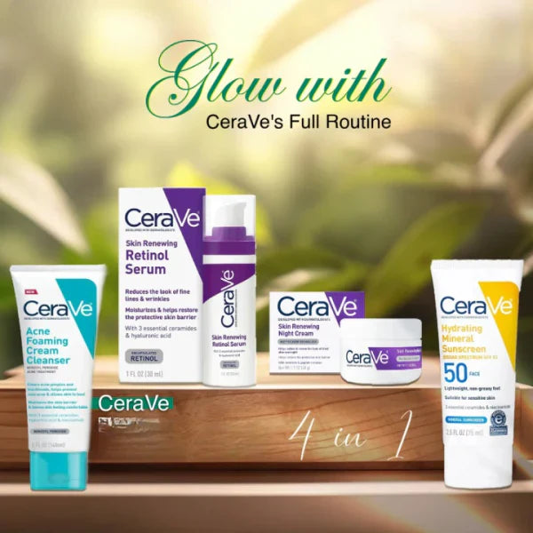 CeraVe 4-in-1 Skincare Kit: Night Cream, Sunblock, Cleanser & Serum for Radiant Skin